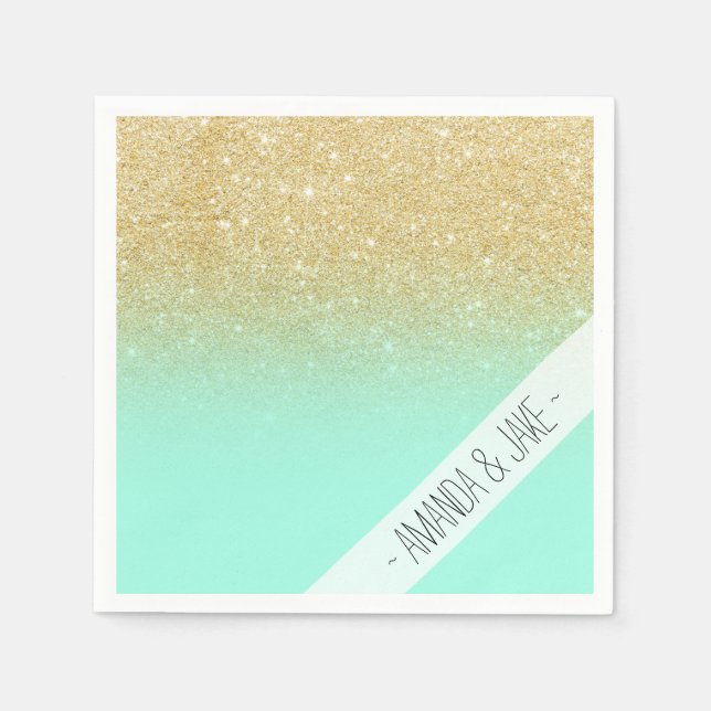 Modern custom gold ombre turquoise block paper napkins (Front)