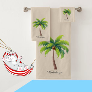 Modern Custom Green Palm Tree & Script on Beige Bath Towel Set
