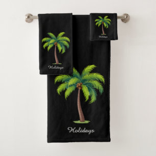 Modern Custom Green Palm Tree & Script on Black Bath Towel Set