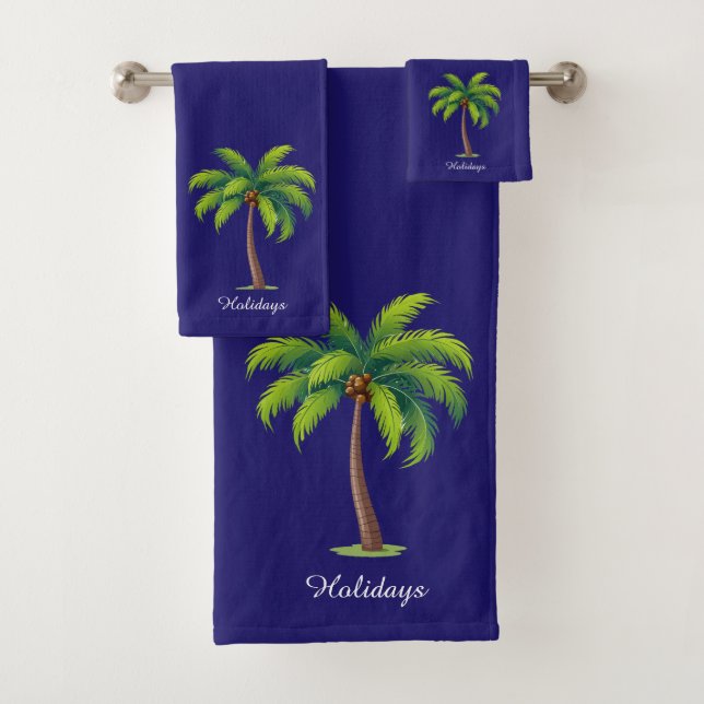 Modern Custom Green Palm Tree & Script on Blue Bath Towel Set (Insitu)