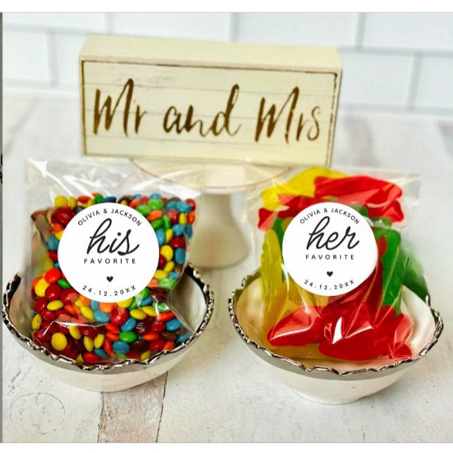 Modern Custom His Favorite Wedding Black Text Classic Round Sticker (Modern Personalized His or Her wedding favorite round sticker)