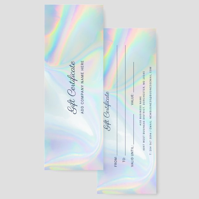 Modern Custom Holographic Gift Certificate Bookmarks (Front & Back)