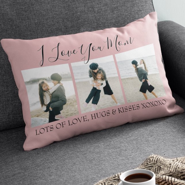Modern Custom I Love You Mom | 3 Photo Lumbar Pillow (Creator Uploaded)