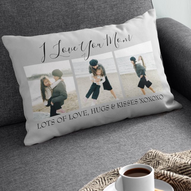 Modern Custom I Love You Mom | 3 Photo Lumbar Pillow (Creator Uploaded)