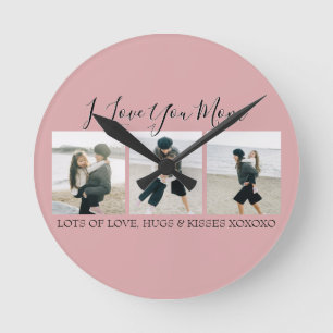 Modern Custom I Love You Mom   3 Photo Round Clock