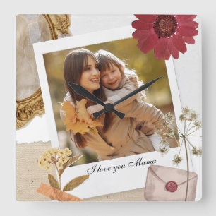 Modern Custom I Love You Mom Photo Square Wall Clock