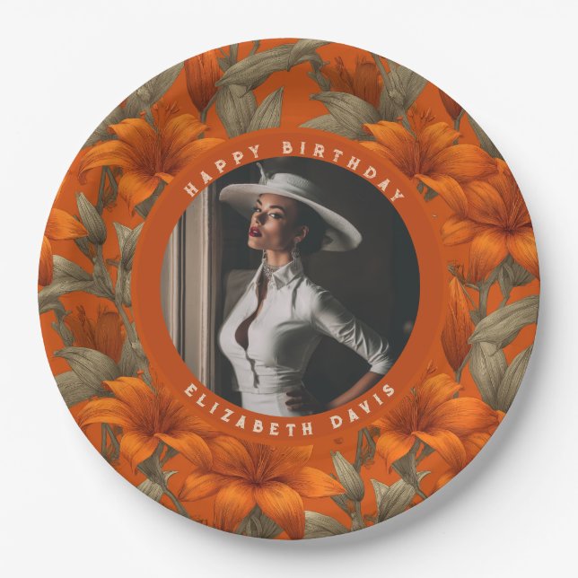 Modern Custom Lilies Themed Birthday Party Paper Plates (Front)