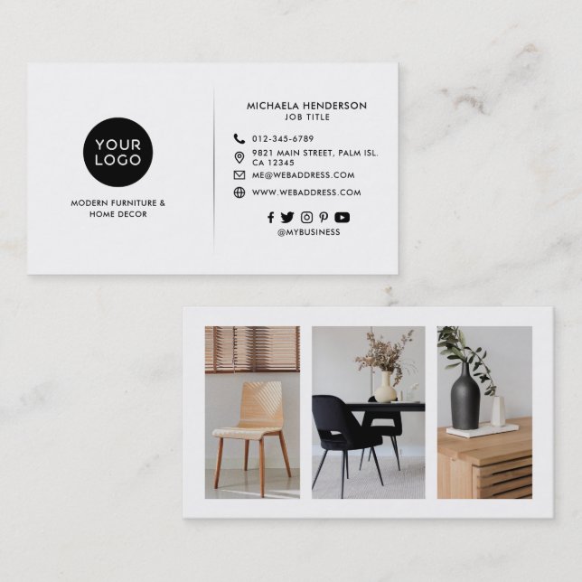 Modern Custom Logo, 3 Product Photos & Socials Business Card (Front/Back)