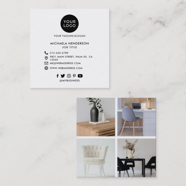Modern Custom Logo, 4 Photos & Social Media Square Business Card (Front/Back)