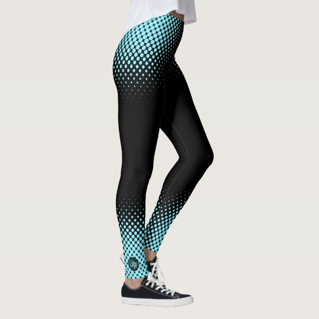 Modern Custom Logo Electric-Blue Halftone on Black Leggings (Right)