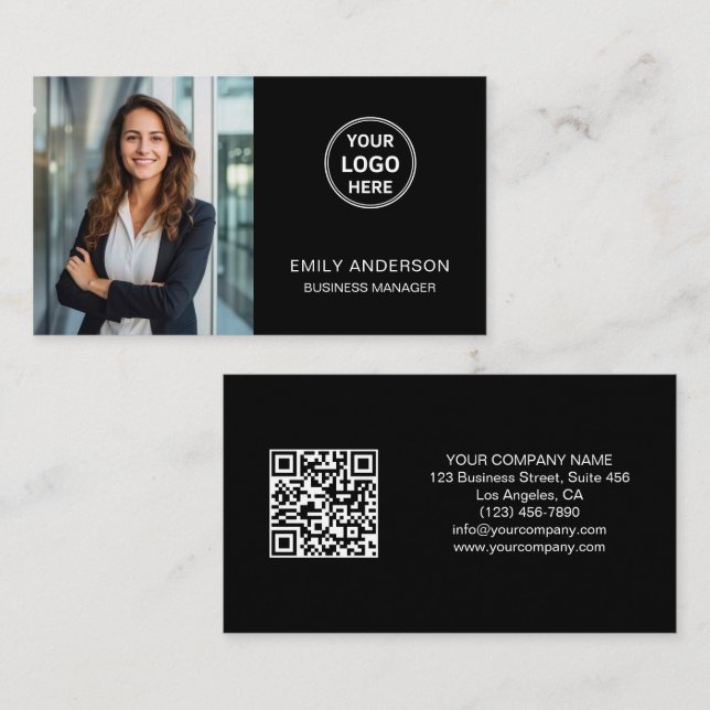 Modern Custom Logo Photo QR Black Business Card (Front/Back)