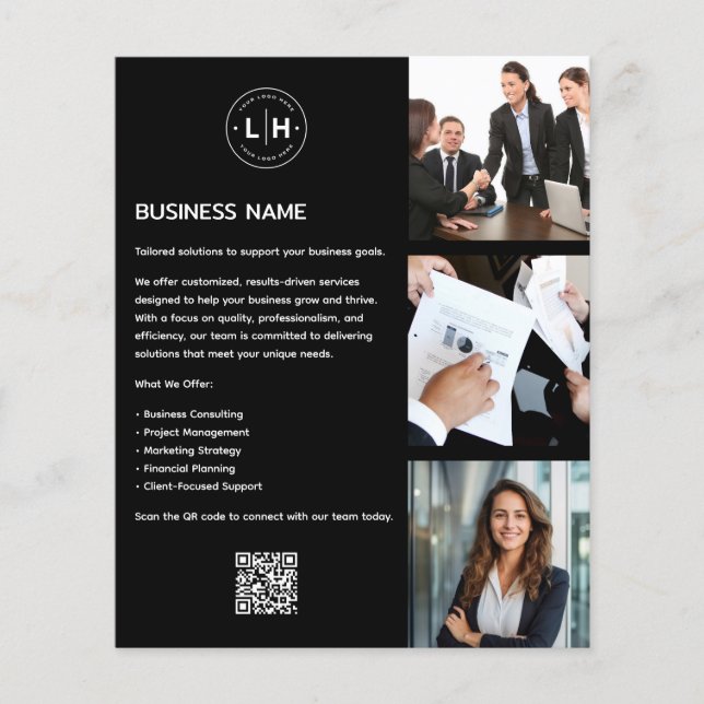 Modern Custom Logo Photo QR Black Business Flyer (Front)
