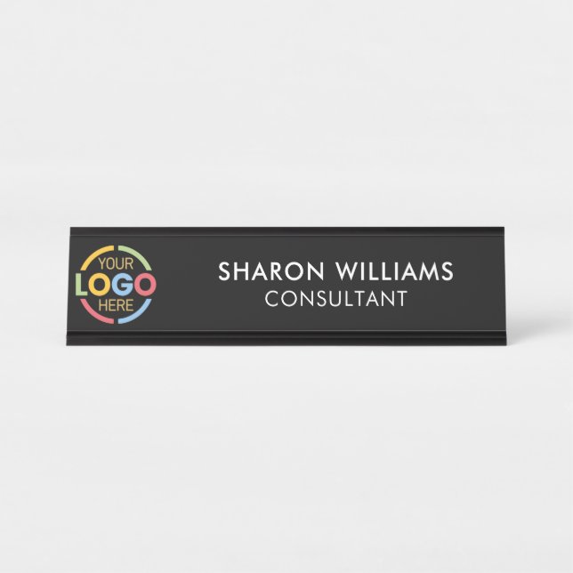 Modern Custom Logo | Professional Black Minimalist Desk Name Plate (Front)