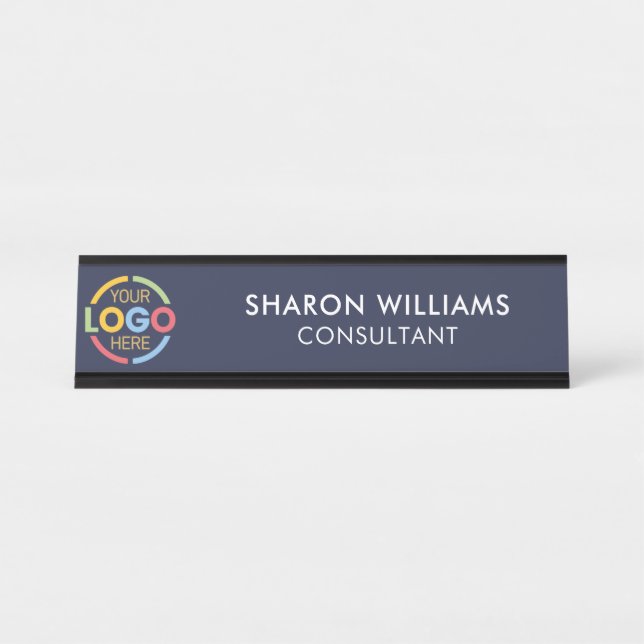 Modern Custom Logo | Professional Navy Blue Simple Desk Name Plate (Front)