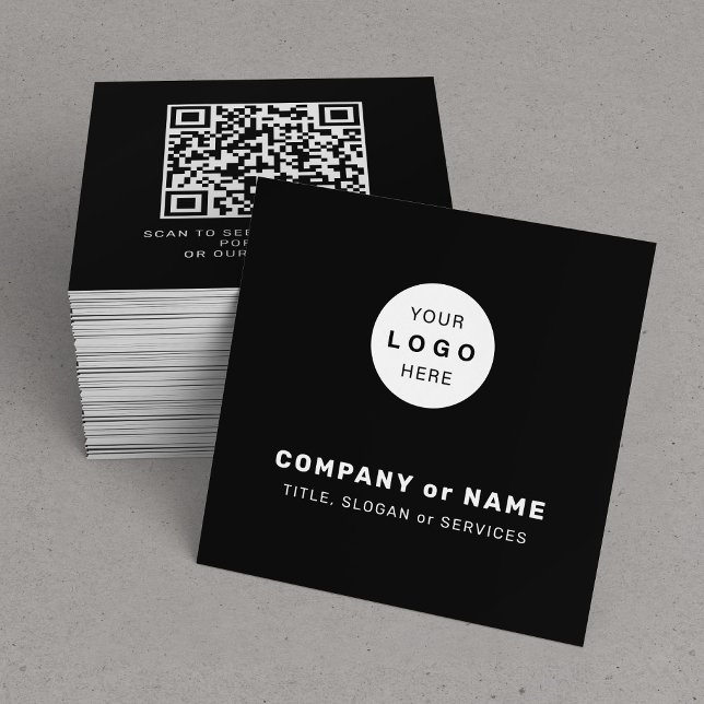 Modern custom logo QR code black Square Business Card (Creator Uploaded)