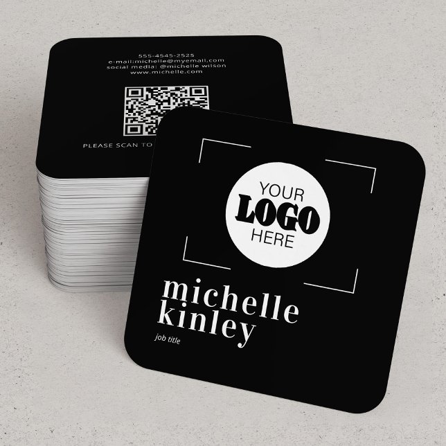 Modern custom logo QR code black Square Business Card (Creator Uploaded)