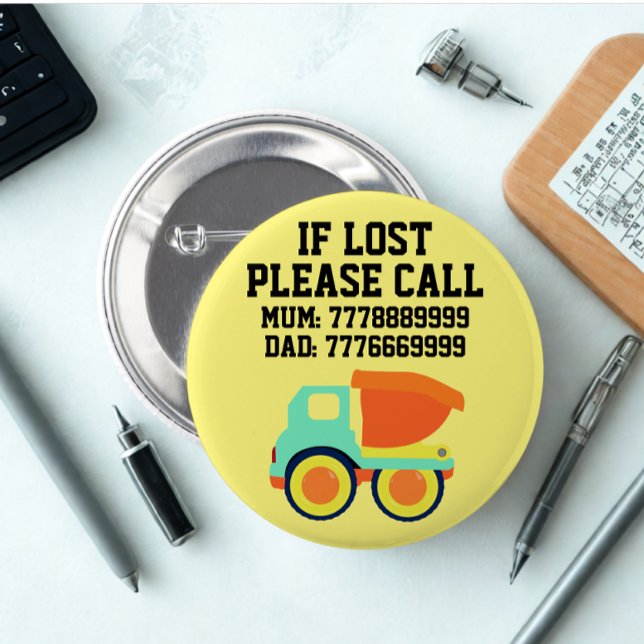 Modern Custom Lost Child Id Yellow Badge Button (Modern custom missing child id card yellow truck badge button)