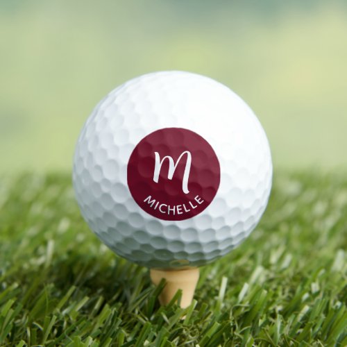Modern Custom Maroon Monogram Name Golf Balls