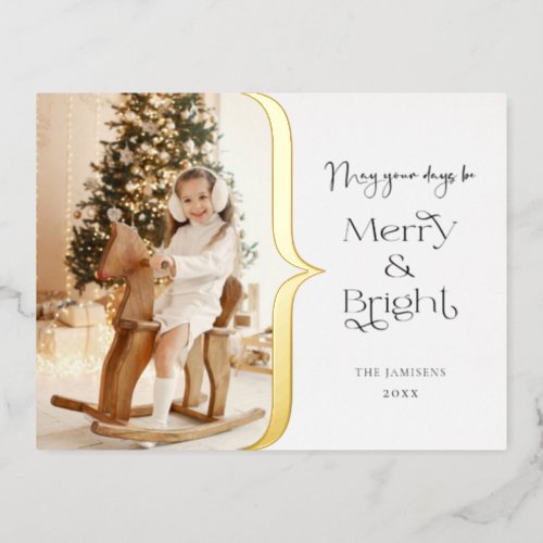 Modern Custom Merry  Bright Typography Photo Foil Holiday Postcard