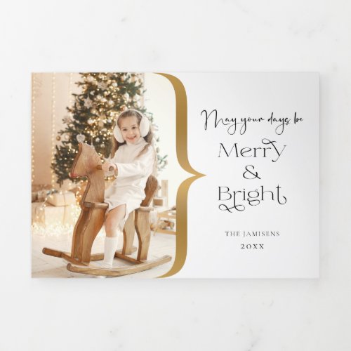 Modern Custom Merry  Bright Typography Photo Tri_Fold Holiday Card