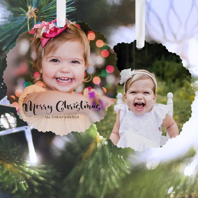 Modern Custom Merry Christmas Typography Photo Ornament Card (Creator Uploaded)