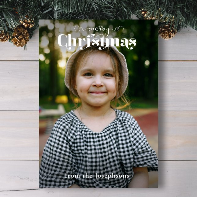 Modern Custom Merry Christmas Typography Photo Tri-Fold Card (Creator Uploaded)
