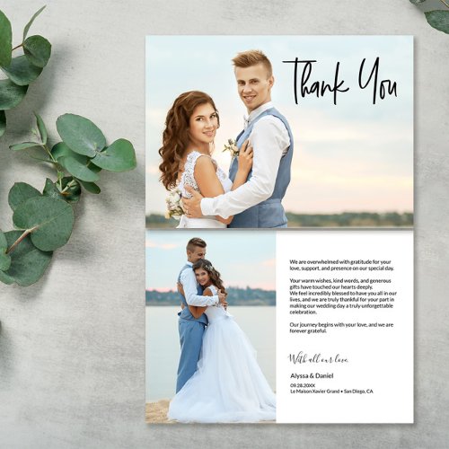 Modern Custom message 2 wedding photos Thank You Card