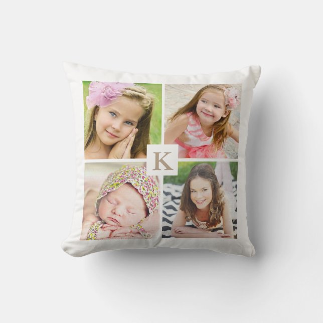 Modern Custom Monogram Family Photo Collage Throw Pillow (Front)