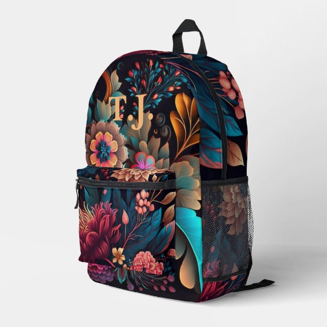 Modern Custom Monogram Floral Colorful Printed Backpack (Back Corner Right)