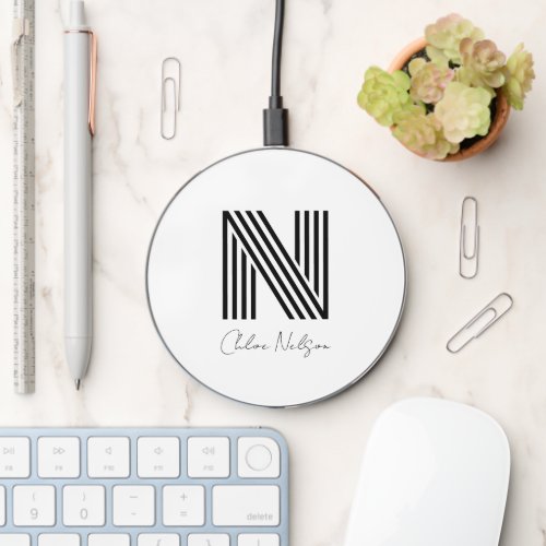 Modern Custom MonogramInitial with Script Name Wireless Charger