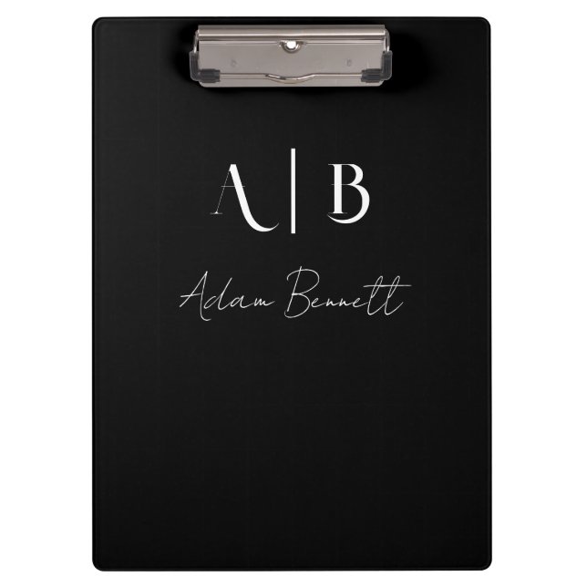 Modern Custom Monogram Initials Name Black Clipboard (Front)