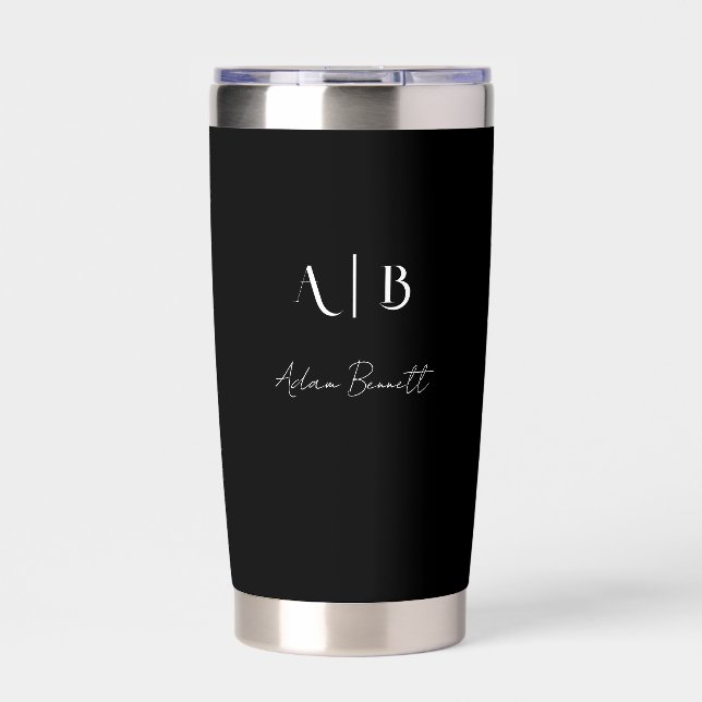 Modern Custom Monogram Initials Name Black Insulated Tumbler (Front)