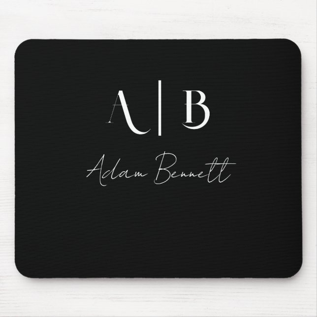 Modern Custom Monogram Initials Name Black Mouse Pad (Front)