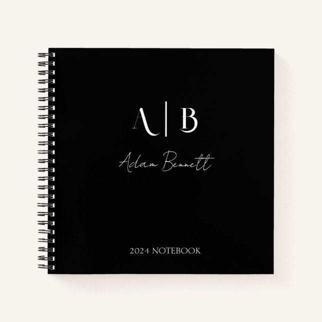 Modern Custom Monogram Initials Name Black Notebook (Front)