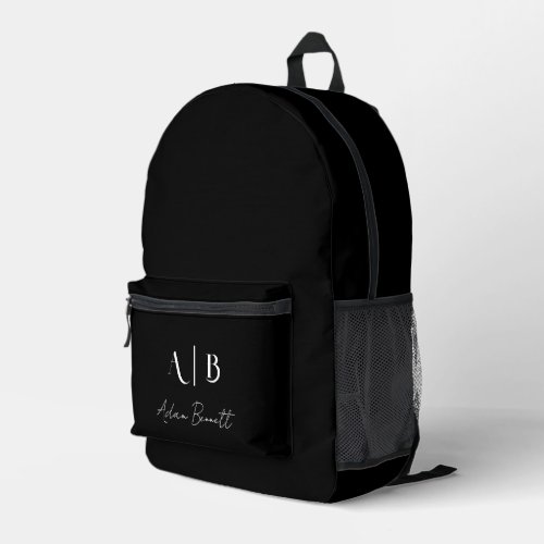 Modern Custom Monogram Initials Name Black Printed Backpack