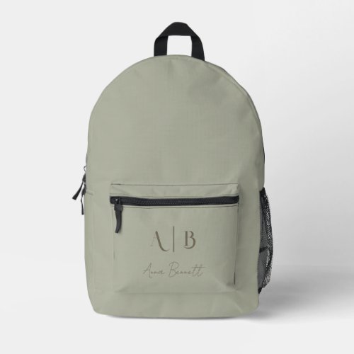 Modern Custom Monogram Initials Name Dusty Sage Printed Backpack