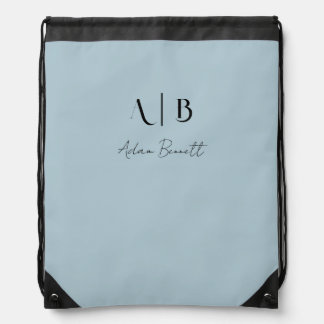 Modern Custom Monogram Initials Name Pastel Blue Drawstring Bag