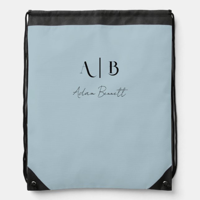 Modern Custom Monogram Initials Name Pastel Blue Drawstring Bag (Front)