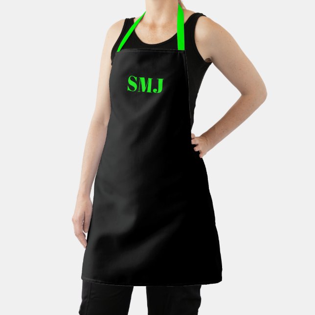 Modern custom monogram initials neon green black apron (Insitu)