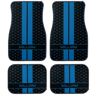 Modern Custom Monogram Name Blue Striped Car Floor Mat