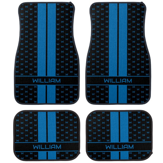 Modern Custom Monogram Name Blue Striped Car Floor Mat (Creator Uploaded)
