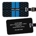 Modern Custom Monogram Name Blue Striped Luggage Tag<br><div class="desc">This stylish personalized luggage tag includes both your name and your initial letter in a monogram pattern. A blue, black and white design with classic double racing stripes on the front and your contact details on the back. A great gift for friends and family for birthdays, holidays, father's days or...</div>