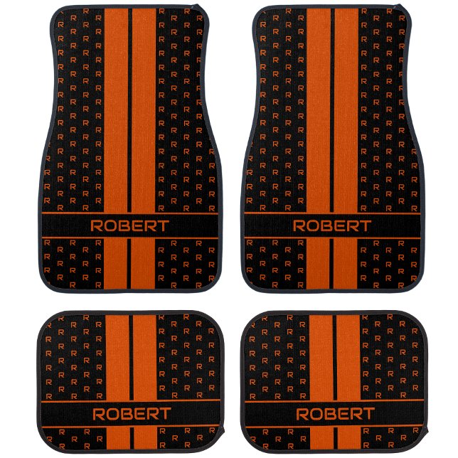 Modern Custom Monogram Name Orange Striped Car Floor Mat (Creator Uploaded)