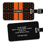 Modern Custom Monogram Name Orange Striped Luggage Tag<br><div class="desc">This stylish personalized luggage tag includes both your name and your initial letter in a monogram pattern. A orange, black and white design with classic double racing stripes on the front and your contact details on the back. A great gift for friends and family for birthdays, holidays, father's days or...</div>