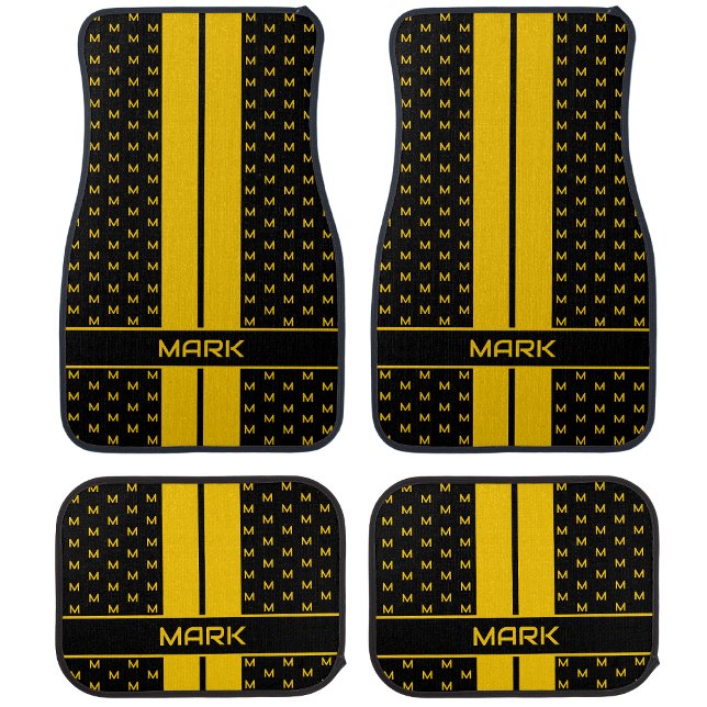 Modern Custom Monogram Name Yellow Striped Car Floor Mat (Creator Uploaded)
