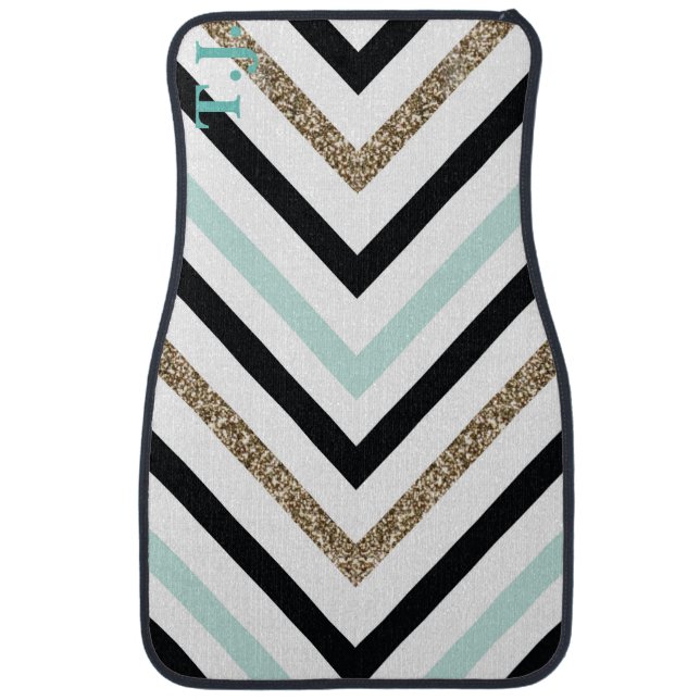 Modern Custom Monogram Zigzag Pattern Blue Black  Car Floor Mat (Front)