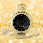 Modern Custom Monogrammed Classic Roman Black Gold Pocket Watch<br><div class="desc">Create your own custom, personalized, stylish classy modern, beautiful elegant faux gold script typography monogrammed, classic, roman numerals, chic, premium alloy, black and gold pocket watch. Simply type in your name / monogram / initial, to customize. Makes a great gift, for birthday, graduation, fathers day, christmas, holidays, wedding, marriage anniversary,...</div>