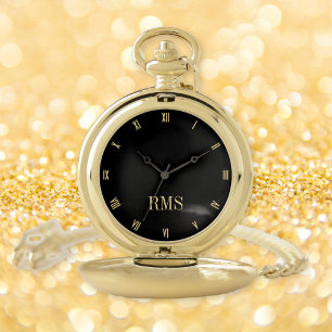 Modern Custom Monogrammed Classic Roman Black Gold Pocket Watch