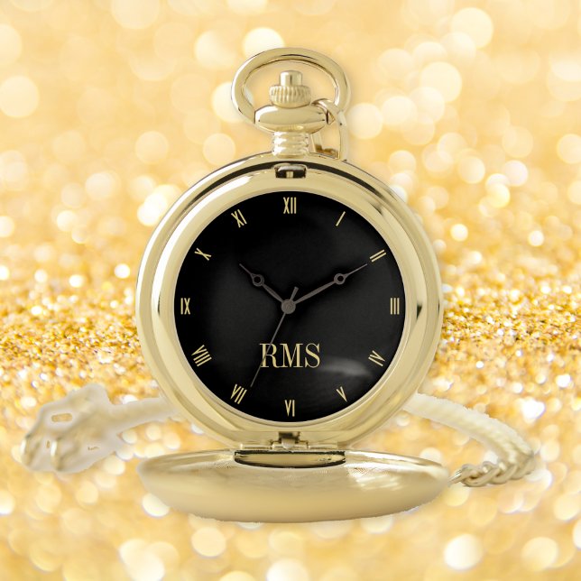 Modern Custom Monogrammed Classic Roman Black Gold Pocket Watch (Modern Custom Monogrammed Classic Roman Black Gold Pocket Watch)