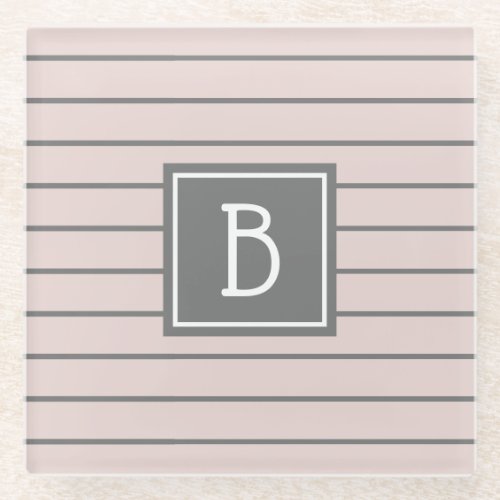 Modern Custom Monogrammed Pink  Gray Stripes Glass Coaster